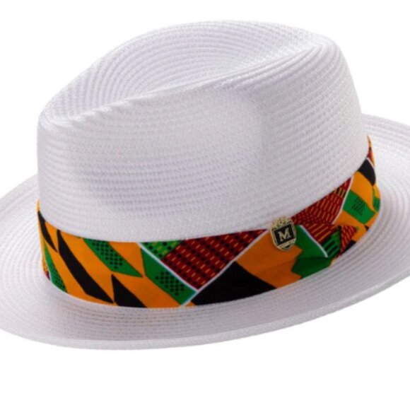 White Braided Straw Fedora Hat with Kente Print Band - 2 1/2 INCH BRIM.H-107